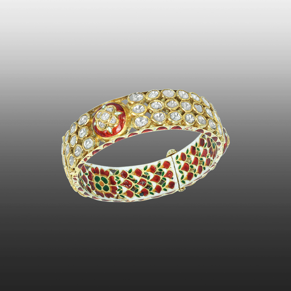 Floral Polki Bangle with Red and Green Meenakari Enamel Work